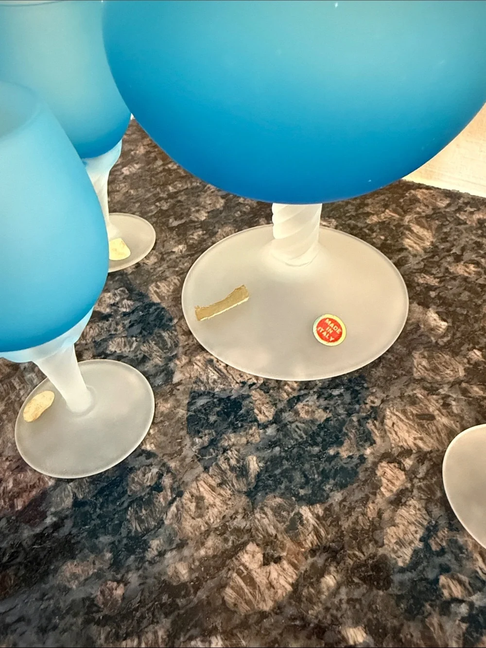 Italian Vintage Blue Frosted Glass Pitcher and 4 Cordial Glasses